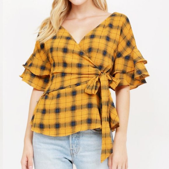 Mustard Plaid Check Ruffle Sleeves Wrap Tie Blouse - Picture 4 of 10